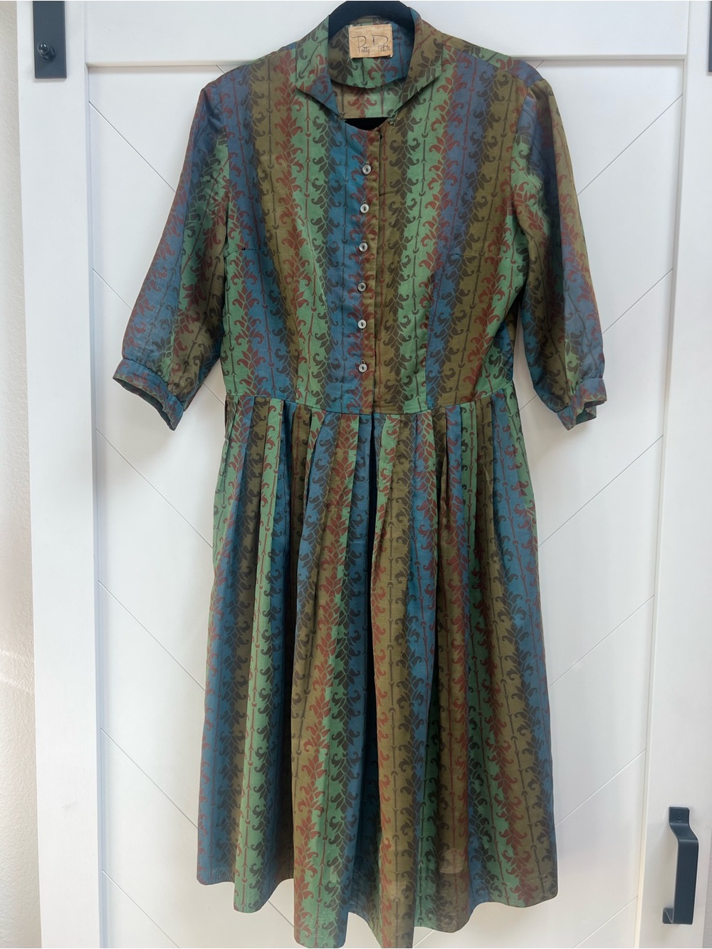 1950’s Vintage Patty Petite - Striped Floral Print Day Dress in Green and Blue